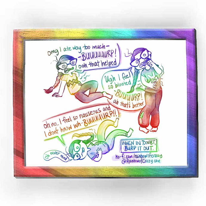 web comic. Jo, sitting on the ground, hand on stomach, face in discomfort: 