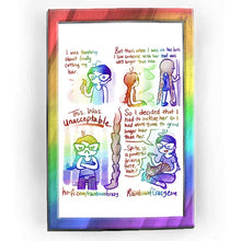 Load image into Gallery viewer, Rainbowofcrazy web comic. / Jo, holding up the end of her braided ponytail and smiling. &quot;I was thinking about finally cutting my hair.&quot; / &quot;But then when I was on the bus, I saw someone with hair that was WAY longer than mine.&quot; Jo, sitting, looking at someone standing, holding a pole on the bus. The person&#39;s hair is in two braided pigtails, hair reaching almost to the floor. / &quot;This. Was. UNACCEPTABLE.&quot; Jo, still sitting, arms crossed, with a VERY grumpy face. / Jo: &quot;So, I decided that I had to outlive her s

