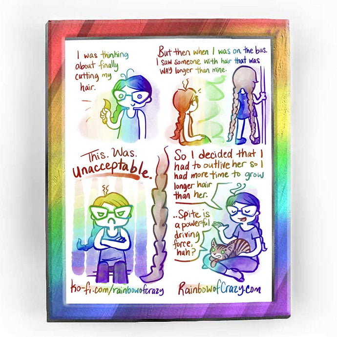 Rainbowofcrazy web comic. / Jo, holding up the end of her braided ponytail and smiling. 