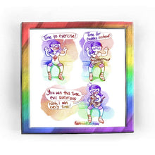 Load image into Gallery viewer, Rainbowofcrazy web comic: Cuddles. / Jo sitting on the edge of the bed, hands up, big smile. "Time to exercise!" / Jo looks down to see that a tabby cat has magically appeared on her lap. Cat: "Time for cuddles instead!" / Jo, scowling, petting the cat: "You win this time, evil sorceress." Cat, all smiles: "Nah, I win every time!" / Rainbowofcrazy.com
