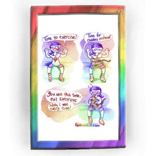 Load image into Gallery viewer, Rainbowofcrazy web comic: Cuddles. / Jo sitting on the edge of the bed, hands up, big smile. "Time to exercise!" / Jo looks down to see that a tabby cat has magically appeared on her lap. Cat: "Time for cuddles instead!" / Jo, scowling, petting the cat: "You win this time, evil sorceress." Cat, all smiles: "Nah, I win every time!" / Rainbowofcrazy.com
