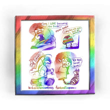 Load image into Gallery viewer, Rainbowofcrazy web comic. / Jo sits on a sofa. Several books are on her lap. She holds a book close to her chest in glee. Jo: &quot;Omg I LOVE borrowing new books!&quot; (*DING DONG*) / The Libby App logo appears, with little legs and hands, holding a small stack of books. Libby: &quot;Libby here with more books you wanted! ❤️&quot; / Jo dives behind the sofa. The viewer only sees her feet. Jo: &quot;OH GAWD!!&quot; / Jo pops her head out from behind the sofa. Jo: &quot;Tell them I&#39;m not home!&quot; A tabby cat stares at her. /ko-fi.com/rainbowof
