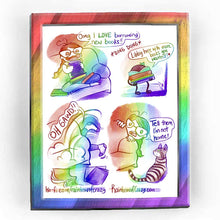 Load image into Gallery viewer, Rainbowofcrazy web comic. / Jo sits on a sofa. Several books are on her lap. She holds a book close to her chest in glee. Jo: &quot;Omg I LOVE borrowing new books!&quot; (*DING DONG*) / The Libby App logo appears, with little legs and hands, holding a small stack of books. Libby: &quot;Libby here with more books you wanted! ❤️&quot; / Jo dives behind the sofa. The viewer only sees her feet. Jo: &quot;OH GAWD!!&quot; / Jo pops her head out from behind the sofa. Jo: &quot;Tell them I&#39;m not home!&quot; A tabby cat stares at her. /ko-fi.com/rainbowof
