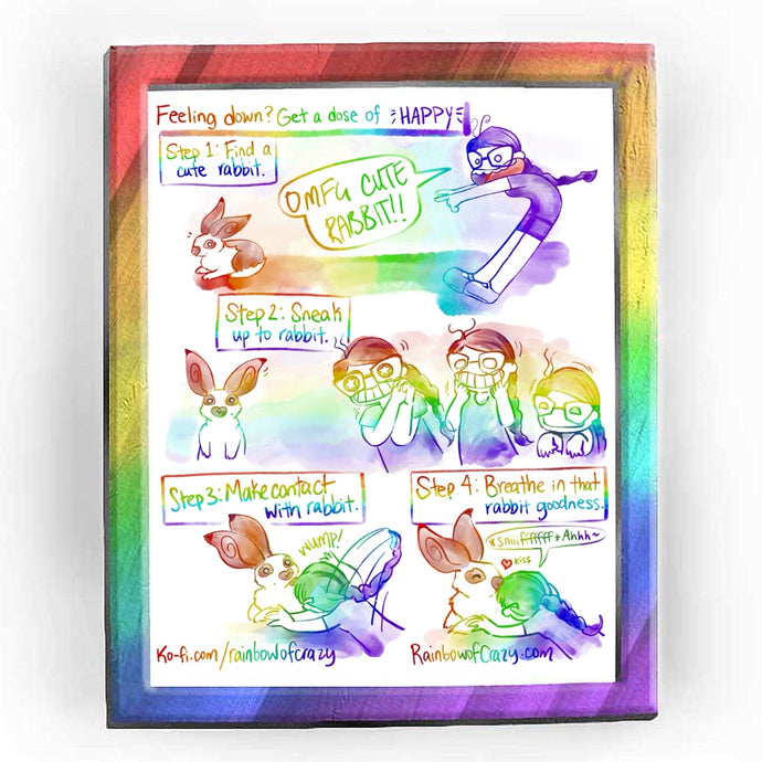 Rainbowofcrazy web comic. / [Feeling down? Get a dose of HAPPY.] [Step 1: Find a cute rabbit.] Jo points to a brown and white rabbit in glee. Jo: 