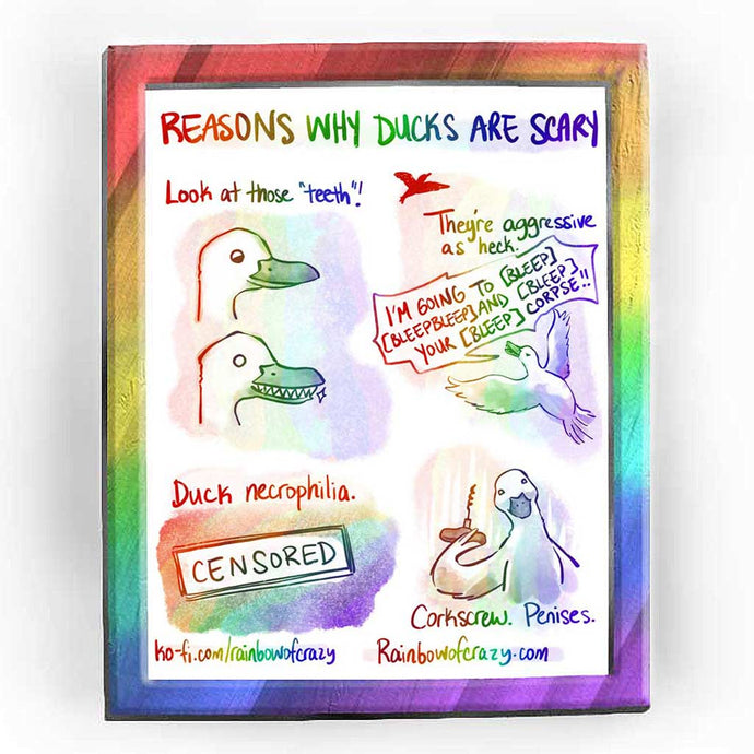 Rainbowofcrazy web comic. / Reasons why ducks are scary. / [Look at those 'teeth'!] above image: cute duck. below image: duck smiling.. with razor sharp teeth. / [They're aggressive as heck.] Flying duck, yelling at a duck in the distance: 