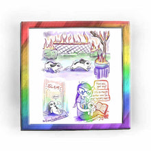 Load image into Gallery viewer, web comic. a black and white mini lop rabbit walks through the grass, passing by bushes, a fence, a tree, and a garbage can, all of the items on fire. / rabbit now inside, after slamming the front door. rabbit leans against the door. &quot;Whew.&quot; / Jo, holding a book, with said rabbit on her lap: &quot;How was your day?&quot; Rabbit: &quot;It&#39;s so much better now. So what happens next&quot; / ko-fi.com/rainbowofcrazy / @Rainbowofcrazy.com
