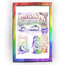 Load image into Gallery viewer, web comic. a black and white mini lop rabbit walks through the grass, passing by bushes, a fence, a tree, and a garbage can, all of the items on fire. / rabbit now inside, after slamming the front door. rabbit leans against the door. &quot;Whew.&quot; / Jo, holding a book, with said rabbit on her lap: &quot;How was your day?&quot; Rabbit: &quot;It&#39;s so much better now. So what happens next&quot; / ko-fi.com/rainbowofcrazy / @Rainbowofcrazy.com
