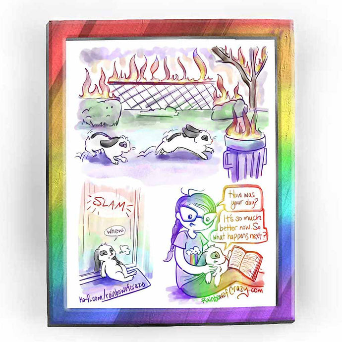 web comic. a black and white mini lop rabbit walks through the grass, passing by bushes, a fence, a tree, and a garbage can, all of the items on fire. / rabbit now inside, after slamming the front door. rabbit leans against the door. 