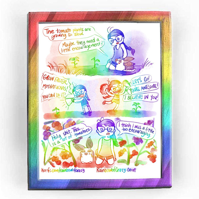 Rainbowofcrazy web comic. / Jo, kneeling in front of some small tomato plants: 