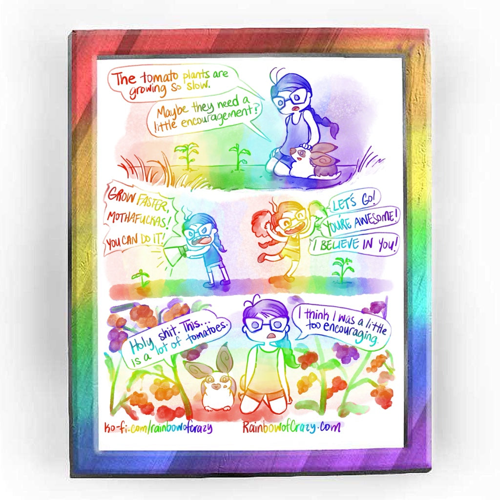 Rainbowofcrazy web comic. / Jo, kneeling in front of some small tomato plants: 