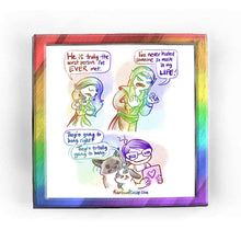 Load image into Gallery viewer, Rainbowofcrazy web comic: Enemies. / A person wears a long flowing dress, has long hair flowing over one eye. Arms folded, they look very unimpressed. "He is truly the worst person I've EVER met. / A taller figure - an elf with pointed ears, long hair, a jewelled tiara across the forehead, in elf-ish clothes (note from artist: I don't know elf clothes, y'all, I tried.) The elf looks enraged. "I've never hated someone so much in my LIFE!" / The comic cuts to Jo, holding a tablet that has a heart on the back.
