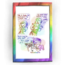 Load image into Gallery viewer, Rainbowofcrazy web comic: Enemies. / A person wears a long flowing dress, has long hair flowing over one eye. Arms folded, they look very unimpressed. "He is truly the worst person I've EVER met. / A taller figure - an elf with pointed ears, long hair, a jewelled tiara across the forehead, in elf-ish clothes (note from artist: I don't know elf clothes, y'all, I tried.) The elf looks enraged. "I've never hated someone so much in my LIFE!" / The comic cuts to Jo, holding a tablet that has a heart on the back.
