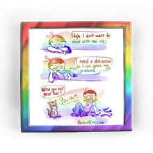 Load image into Gallery viewer, Rainbowofcrazy web comic. / Jo, resting her head on her arms, on top of a table. She looks sullen. Jo: &quot;Ugh I don&#39;t want to deal with real life.&quot; / Jo, head resting against one hand, playing with her braided hair with her other hand. Jo: &quot;I need a distraction so I can ignore my problems...&quot; / (NotMy) Tabby cat, standing upright, hands on her face, in delighted surprise. Cat: &quot;Whoa you cut your hair!!&quot; Jo, sitting on the ground, hair cut to shoulder length. There&#39;s a pair of scissors and random strands of ha
