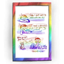 Load image into Gallery viewer, Rainbowofcrazy web comic. / Jo, resting her head on her arms, on top of a table. She looks sullen. Jo: &quot;Ugh I don&#39;t want to deal with real life.&quot; / Jo, head resting against one hand, playing with her braided hair with her other hand. Jo: &quot;I need a distraction so I can ignore my problems...&quot; / (NotMy) Tabby cat, standing upright, hands on her face, in delighted surprise. Cat: &quot;Whoa you cut your hair!!&quot; Jo, sitting on the ground, hair cut to shoulder length. There&#39;s a pair of scissors and random strands of ha
