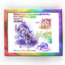 Load image into Gallery viewer, web comic. &quot;Reason #127 why I would not do well in a fantasy book.&quot; / Caption: &quot;Jo, cool ass assassin&quot; Jo, crouching, holding a sword. &quot;lol I&#39;m cool AF.&quot; / Close-up of her face, one eye closed, looking uncomfortable. *hrk* / Jo: &quot;ACHOO!!&quot; / Jo, lying on the ground, three arrows in body, &quot;fkin allergies...&quot; / ko-fi.com/rainbowofcrazy / @ Rainbowofcrazy.com 
