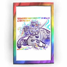 Load image into Gallery viewer, web comic. &quot;reason #269 why I would not do well in a fantasy book&quot; / Jo runs and hugs the leg of a GIANT ghost leopard that is sitting, minding its own business. Ghost leopard has a startled look on its face. Jo, smiling real big: &quot;KITTY!&quot; / Close-up of ghost leopard&#39;s hindquarters, its back leg slams down on Jo, completely squishing her with one giant back paw. &quot;BAM&quot;. / ko-fi.com/rainbowofcrazy / @ Rainbowofcrazy.com
