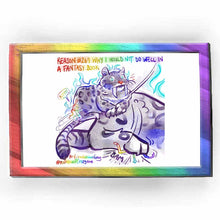Load image into Gallery viewer, web comic. &quot;reason #269 why I would not do well in a fantasy book&quot; / Jo runs and hugs the leg of a GIANT ghost leopard that is sitting, minding its own business. Ghost leopard has a startled look on its face. Jo, smiling real big: &quot;KITTY!&quot; / Close-up of ghost leopard&#39;s hindquarters, its back leg slams down on Jo, completely squishing her with one giant back paw. &quot;BAM&quot;. / ko-fi.com/rainbowofcrazy / @ Rainbowofcrazy.com
