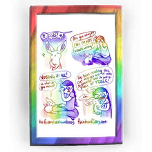 Load image into Gallery viewer, Rainbowofcrazy web comic. / A sob comes from the right of the panel. White rabbit: &quot;?&quot; / Rabbit: &quot;Are you okay??&quot; Jo, crying into her hands: &quot;NO I&#39;M NOT.&quot; Rabbit: &quot;What&#39;s wrong?&quot; / Jo, wiping tears away: &quot;NOTHING AT ALL!&quot; Rabbit: &quot;W.. what do you mean?&quot; / Jo, holding the rabbit up  for a hug: &quot;I&#39;ve been reading this cat manga and it was so beautiful and I&#39;m just so FULL OF FEELS!&quot; Rabbit, umimpressed: &quot;... oh.&quot; / Rainbowofcrazy.com
