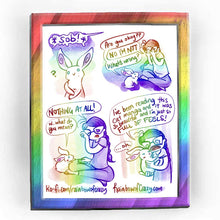 Load image into Gallery viewer, Rainbowofcrazy web comic. / A sob comes from the right of the panel. White rabbit: &quot;?&quot; / Rabbit: &quot;Are you okay??&quot; Jo, crying into her hands: &quot;NO I&#39;M NOT.&quot; Rabbit: &quot;What&#39;s wrong?&quot; / Jo, wiping tears away: &quot;NOTHING AT ALL!&quot; Rabbit: &quot;W.. what do you mean?&quot; / Jo, holding the rabbit up  for a hug: &quot;I&#39;ve been reading this cat manga and it was so beautiful and I&#39;m just so FULL OF FEELS!&quot; Rabbit, umimpressed: &quot;... oh.&quot; / Rainbowofcrazy.com
