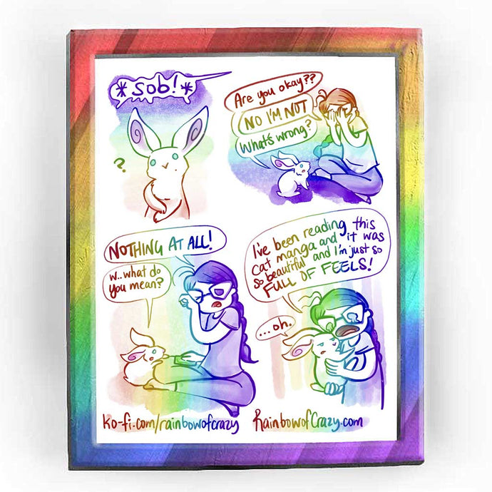 Rainbowofcrazy web comic. / A sob comes from the right of the panel. White rabbit: 