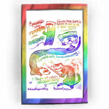 Load image into Gallery viewer, web comic. &quot;Reasons why FERRETS are AWESOME&quot; with a derpy ferret standing up, giving a thumbs up. / &quot;Ferrets have built in masks to seal in all of their secrets.&quot; with a close-up of a derpy ferret&#39;s smiling face. / a very long ferret spreads out over the entire width of the comic. &quot;Ferrets are loooooooooong.&quot; / Ferret standing up, holding a sword in both hands, ready to fight. leaves swirl around them. &quot;They&#39;re not called &#39;ferret war dances&#39; for nothing.&quot; / ko-fi.com/rainbowofcrazy / @ Rainbowofcrazy.com
