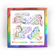Load image into Gallery viewer, web comic. (colours of these images are all faded.) Jo slumping at a table, sadly staring at an empty mug. &quot;Coffee would fix me.&quot; / Jo, frowning. &quot;Pizza would fix me.&quot; / A white rabbit leans against Jo&#39;s arm, looking sad, &quot;Gentle scritches on my cute fuzzy head would fix me.&quot; / (colours of this image are suddenly vibrant.) Jo gives the rabbit head scritches. Jo smiles, the rabbit closes their eyes, cute smile on their face. a little heart near their head. / ko-fi.com/rainbowofcrazy / @ Rainbowofcrazy.com

