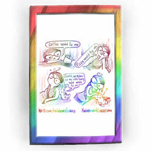 Load image into Gallery viewer, web comic. (colours of these images are all faded.) Jo slumping at a table, sadly staring at an empty mug. &quot;Coffee would fix me.&quot; / Jo, frowning. &quot;Pizza would fix me.&quot; / A white rabbit leans against Jo&#39;s arm, looking sad, &quot;Gentle scritches on my cute fuzzy head would fix me.&quot; / (colours of this image are suddenly vibrant.) Jo gives the rabbit head scritches. Jo smiles, the rabbit closes their eyes, cute smile on their face. a little heart near their head. / ko-fi.com/rainbowofcrazy / @ Rainbowofcrazy.com
