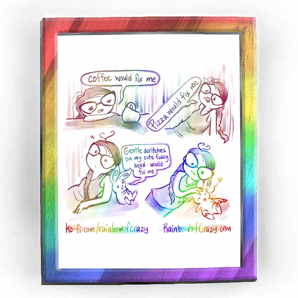 web comic. (colours of these images are all faded.) Jo slumping at a table, sadly staring at an empty mug. 