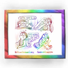 Load image into Gallery viewer, web comic. (colours of these images are all faded.) Jo slumping at a table, sadly staring at an empty mug. &quot;Coffee would fix me.&quot; / Jo, frowning. &quot;Pizza would fix me.&quot; / A white rabbit leans against Jo&#39;s arm, looking sad, &quot;Gentle scritches on my cute fuzzy head would fix me.&quot; / (colours of this image are suddenly vibrant.) Jo gives the rabbit head scritches. Jo smiles, the rabbit closes their eyes, cute smile on their face. a little heart near their head. / ko-fi.com/rainbowofcrazy / @ Rainbowofcrazy.com
