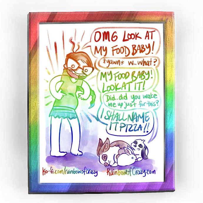 Rainbowofcrazy web comic. / Jo, pointing to her round belly, big smile on her face: 