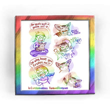 Load image into Gallery viewer, Rainbowofcrazy web comic: Forsaken. / Jo, sitting cross-legged on the ground, petting a very happy (NotMy) tabby cat, sporting an epic blep. Jo: "Aw you're such a gentle cat! ❤️" / Close-up of cat, in complete bliss, drooling from the mouth, Jo's hand petting the kitty. scritch scritch scritch / Cat suddenly bites the hand that was just petting her. "CHOMP!!!" Jo: "OW!" / Jo grasping her bitten hand, fingers bruised red. Jo, in tears: "Ow why have you forsaken me?!" / Cat, blank expression, stares. / Cat, s
