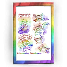 Load image into Gallery viewer, Rainbowofcrazy web comic: Forsaken. / Jo, sitting cross-legged on the ground, petting a very happy (NotMy) tabby cat, sporting an epic blep. Jo: "Aw you're such a gentle cat! ❤️" / Close-up of cat, in complete bliss, drooling from the mouth, Jo's hand petting the kitty. scritch scritch scritch / Cat suddenly bites the hand that was just petting her. "CHOMP!!!" Jo: "OW!" / Jo grasping her bitten hand, fingers bruised red. Jo, in tears: "Ow why have you forsaken me?!" / Cat, blank expression, stares. / Cat, s
