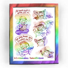 Load image into Gallery viewer, Rainbowofcrazy web comic: Forsaken. / Jo, sitting cross-legged on the ground, petting a very happy (NotMy) tabby cat, sporting an epic blep. Jo: "Aw you're such a gentle cat! ❤️" / Close-up of cat, in complete bliss, drooling from the mouth, Jo's hand petting the kitty. scritch scritch scritch / Cat suddenly bites the hand that was just petting her. "CHOMP!!!" Jo: "OW!" / Jo grasping her bitten hand, fingers bruised red. Jo, in tears: "Ow why have you forsaken me?!" / Cat, blank expression, stares. / Cat, s
