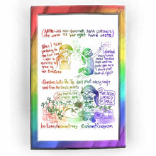 Load image into Gallery viewer, Rainbowofcrazy web comic. (NOTE: Jo&#39;s non-dominant hand continues the comic as her right hand rests.) When I tried gardening for the first time, I was so excited to grow my own tomatoes. (Jo stares at seed packets with crazy eyes.) / I planted every single seed because that&#39;s what the packs gave me so I should plant them all, right? (Jo jumps up in glee, throwing seeds everywhere.) / Garden Life Pro Tip: don&#39;t plant every single seed from the tomato packets. (Bunny &amp; Jo, surrounded by tomato plants in pots.
