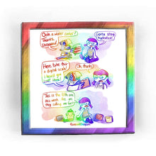 Load image into Gallery viewer, Rainbowofcrazy Animal Crossing Web Comic / Sterling, an eagle, is sitting on the ground with Jo. Sterling, holding up an object: &quot;Ooh a water cooler? Thanks, skraaaaw!&quot; Jo: &quot;Gotta stay hydrated!&quot; / Sterling: &quot;Here, take this - a digital scale! I heard you LOVE those!&quot; He holds up a digital scale. Jo narrows one eye.  Jo: &quot;Oh, thanks.&quot; / Scene cuts to Jo on the ground, next to a gyroid. On the ground next to them are three digital scales. Jo: &quot;This is the fifth one this week. Are.. are they calling me fat?&quot; 
