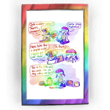 Load image into Gallery viewer, Rainbowofcrazy Animal Crossing Web Comic / Sterling, an eagle, is sitting on the ground with Jo. Sterling, holding up an object: &quot;Ooh a water cooler? Thanks, skraaaaw!&quot; Jo: &quot;Gotta stay hydrated!&quot; / Sterling: &quot;Here, take this - a digital scale! I heard you LOVE those!&quot; He holds up a digital scale. Jo narrows one eye.  Jo: &quot;Oh, thanks.&quot; / Scene cuts to Jo on the ground, next to a gyroid. On the ground next to them are three digital scales. Jo: &quot;This is the fifth one this week. Are.. are they calling me fat?&quot; 
