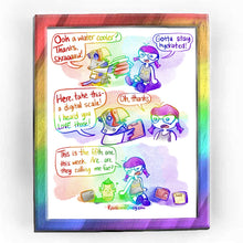 Load image into Gallery viewer, Rainbowofcrazy Animal Crossing Web Comic / Sterling, an eagle, is sitting on the ground with Jo. Sterling, holding up an object: &quot;Ooh a water cooler? Thanks, skraaaaw!&quot; Jo: &quot;Gotta stay hydrated!&quot; / Sterling: &quot;Here, take this - a digital scale! I heard you LOVE those!&quot; He holds up a digital scale. Jo narrows one eye.  Jo: &quot;Oh, thanks.&quot; / Scene cuts to Jo on the ground, next to a gyroid. On the ground next to them are three digital scales. Jo: &quot;This is the fifth one this week. Are.. are they calling me fat?&quot; 
