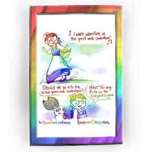 Load image into Gallery viewer, Rainbowofcrazy web comic. / Jo wears Belle&#39;s blue &amp; white dress in Beauty and the Beast. Jo: &quot;🎶 I want adventure in the great wide somewhere! 🎵&quot; / Brown &amp; white rabbit: &quot;Should we go into the actual great wide somewhere?&quot; Jo: &quot;What? No way. As far as the backyard is good.&quot; /  ko-fi.com/rainbowofcrazy / Rainbowofcrazy.com 
