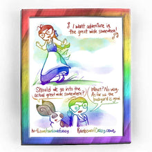 Load image into Gallery viewer, Rainbowofcrazy web comic. / Jo wears Belle&#39;s blue &amp; white dress in Beauty and the Beast. Jo: &quot;🎶 I want adventure in the great wide somewhere! 🎵&quot; / Brown &amp; white rabbit: &quot;Should we go into the actual great wide somewhere?&quot; Jo: &quot;What? No way. As far as the backyard is good.&quot; /  ko-fi.com/rainbowofcrazy / Rainbowofcrazy.com 
