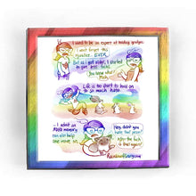 Load image into Gallery viewer, Rainbowofcrazy web comic: Grudges. / [I used to be an expert at holding grudges.] Jo, looking angry, hand in a fist: "I won't forget this injustice... EVER." / [But as I got older, I started to give less fucks.] Jo, in an orange strapless dress and pearls, one hand raised, palm up: "You know what? Meh." (an ode to Lisa Simpson) / [Life is too short to hold on to so much hate.] Jo is skipping along, a very derpy expression is on her face. Three bunnies skip along in front of her, all up them with the heads t
