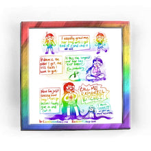 Load image into Gallery viewer, Rainbowofcrazy web comic. / [I usually grow my hair long until I get tired of it and chop it all off.] (left side shows Jo with long hair. Right side shows Jo with shorter hair that goes to below her shoulders. She smiles real big.) / [Problem is, the older I get, the less fucks I have to give.] Rabbit: &quot;Is this the longest your hair has ever been?&quot; Jo, sitting on the floor, hair in a braid down to her waist or so, looking at her phone: &quot;Eh, probably.&quot; / [Now I&#39;m just seeing how long I can go before I can f
