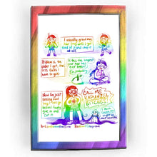 Load image into Gallery viewer, Rainbowofcrazy web comic. / [I usually grow my hair long until I get tired of it and chop it all off.] (left side shows Jo with long hair. Right side shows Jo with shorter hair that goes to below her shoulders. She smiles real big.) / [Problem is, the older I get, the less fucks I have to give.] Rabbit: &quot;Is this the longest your hair has ever been?&quot; Jo, sitting on the floor, hair in a braid down to her waist or so, looking at her phone: &quot;Eh, probably.&quot; / [Now I&#39;m just seeing how long I can go before I can f
