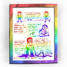 Load image into Gallery viewer, Rainbowofcrazy web comic. / [I usually grow my hair long until I get tired of it and chop it all off.] (left side shows Jo with long hair. Right side shows Jo with shorter hair that goes to below her shoulders. She smiles real big.) / [Problem is, the older I get, the less fucks I have to give.] Rabbit: &quot;Is this the longest your hair has ever been?&quot; Jo, sitting on the floor, hair in a braid down to her waist or so, looking at her phone: &quot;Eh, probably.&quot; / [Now I&#39;m just seeing how long I can go before I can f
