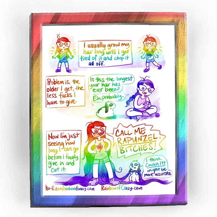 Rainbowofcrazy web comic. / [I usually grow my hair long until I get tired of it and chop it all off.] (left side shows Jo with long hair. Right side shows Jo with shorter hair that goes to below her shoulders. She smiles real big.) / [Problem is, the older I get, the less fucks I have to give.] Rabbit: 