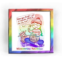 Load image into Gallery viewer, Rainbowofcrazy web comic. / (NotMy) Tabby cat, dressed as Carmen Sandiego: &quot;Wow you bought a lot of Halloween candy for the kids, huh?&quot; / Jo, dressed as Waldo from Where&#39;s Waldo. She sits cross-legged on the ground, eating candy from a bag that says &quot;100 pieces&quot;. Jo: &quot;..Kids?&quot; / ko-fi.com/rainbowofcrazy / Rainbowofcrazy.com
