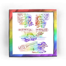 Load image into Gallery viewer, Rainbowofcrazy web comic. / Jo sitting at a table, eating Halloween candy. She has candy in both hands, while more candy and wrappers are scattered around her. Jo, looking grumpy: &quot;Halloween candy is such a lie. &#39;Fun size&#39;? This tiny piece is supposed to be fun?&quot; / Jo, still eating candy: &quot;I need at LEAST ten of these to feel alive.&quot; / Jo puts her face close to the pieces of candy on the table, glaring at them. Jo: &quot;You all make me SICK.&quot; White/brown English lop rabbit appears next to Jo, his paws on the ta
