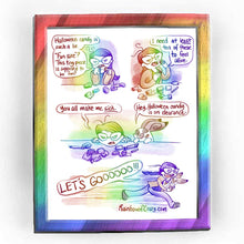 Load image into Gallery viewer, Rainbowofcrazy web comic. / Jo sitting at a table, eating Halloween candy. She has candy in both hands, while more candy and wrappers are scattered around her. Jo, looking grumpy: &quot;Halloween candy is such a lie. &#39;Fun size&#39;? This tiny piece is supposed to be fun?&quot; / Jo, still eating candy: &quot;I need at LEAST ten of these to feel alive.&quot; / Jo puts her face close to the pieces of candy on the table, glaring at them. Jo: &quot;You all make me SICK.&quot; White/brown English lop rabbit appears next to Jo, his paws on the ta
