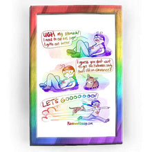 Load image into Gallery viewer, Rainbowofcrazy web comic. / Jo, lying on the ground, hand on her stomach. She looks distressed. Jo: &quot;UGH my stomach! I need to eat less sugar. I gotta eat better.&quot; / NotMy tabby cat, sitting next to Jo, smiling. Tabby: &quot;I guess you don&#39;t want to get the Halloween candy that&#39;s still on clearance?&quot; / Jo is suddenly sprinting along, huge smile on her face. She has the cat&#39;s paw in her head, pulling the cat along. The cat stares blankly at the viewer. Jo: &quot;LET&#39;S GOOOOOOO!&quot; / ko-fi.com/rainbowofcrazy / Rainbowof
