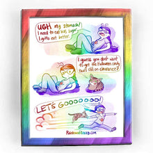 Load image into Gallery viewer, Rainbowofcrazy web comic. / Jo, lying on the ground, hand on her stomach. She looks distressed. Jo: &quot;UGH my stomach! I need to eat less sugar. I gotta eat better.&quot; / NotMy tabby cat, sitting next to Jo, smiling. Tabby: &quot;I guess you don&#39;t want to get the Halloween candy that&#39;s still on clearance?&quot; / Jo is suddenly sprinting along, huge smile on her face. She has the cat&#39;s paw in her head, pulling the cat along. The cat stares blankly at the viewer. Jo: &quot;LET&#39;S GOOOOOOO!&quot; / ko-fi.com/rainbowofcrazy / Rainbowof
