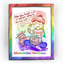 Load image into Gallery viewer, Rainbowofcrazy web comic. / (NotMy) Tabby cat, dressed as Carmen Sandiego: &quot;Wow you bought a lot of Halloween candy for the kids, huh?&quot; / Jo, dressed as Waldo from Where&#39;s Waldo. She sits cross-legged on the ground, eating candy from a bag that says &quot;100 pieces&quot;. Jo: &quot;..Kids?&quot; / ko-fi.com/rainbowofcrazy / Rainbowofcrazy.com
